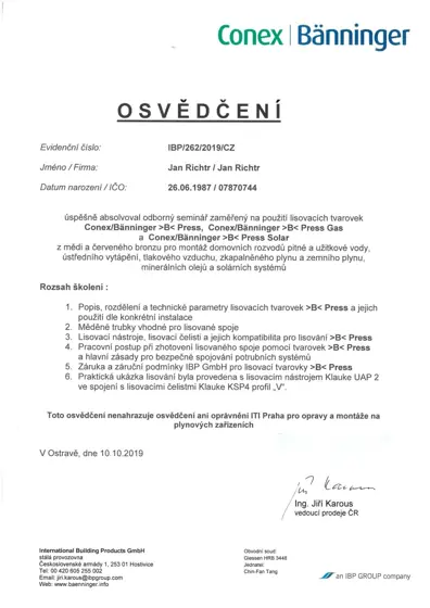 Osvědčení Conex Bänninger č. IBP/262/2019/CZ – lisovací tvarovky >B< Press, Press Gas a Press Solar (2019)