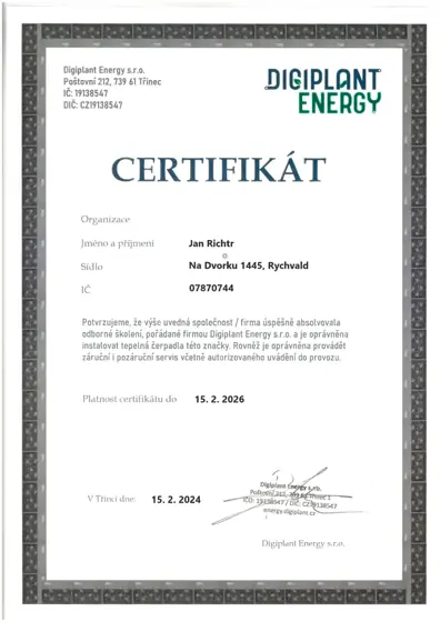 Certifikát Digiplant Energy s.r.o. – instalace, záruční a pozáruční servis tepelných čerpadel (2024)