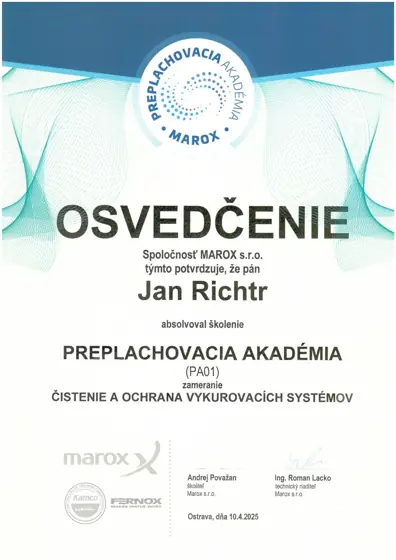 Osvědčenie MAROX s.r.o. – Preplachovacia akadémia (PA01), čištění a ochrana vytápěcích systémů (2025)