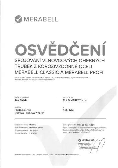Osvědčení Merabell – spojování vlnovcových ohebných trubek z korozivzdorné oceli Merabell Classic a Merabell Profi (2022)