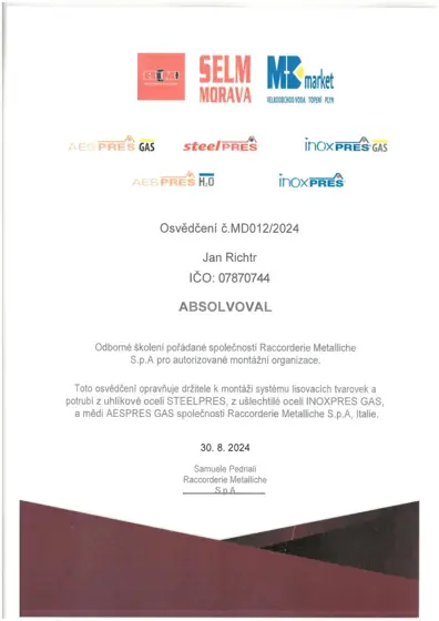 Osvědčení č. MD012/2024 – Raccorderie Metalliche S.p.A, montáž lisovacích tvarovek STEELPRES, INOXPRES GAS a AESPRES GAS (2024)