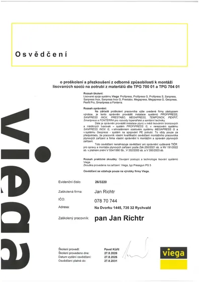 Osvědčení Viega – montáž lisovaných spojů na potrubí (Profipress, Sanpress, Prestabo, Megapress, Geopress, Pexfit, Smartpress, Fonterra) (2026)